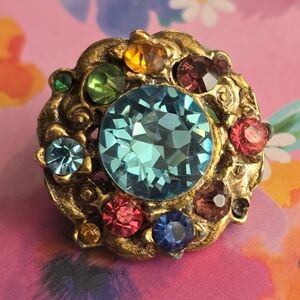 Vintage brooch pin colorful rhinestones gold tone tutti frutti fruit salad